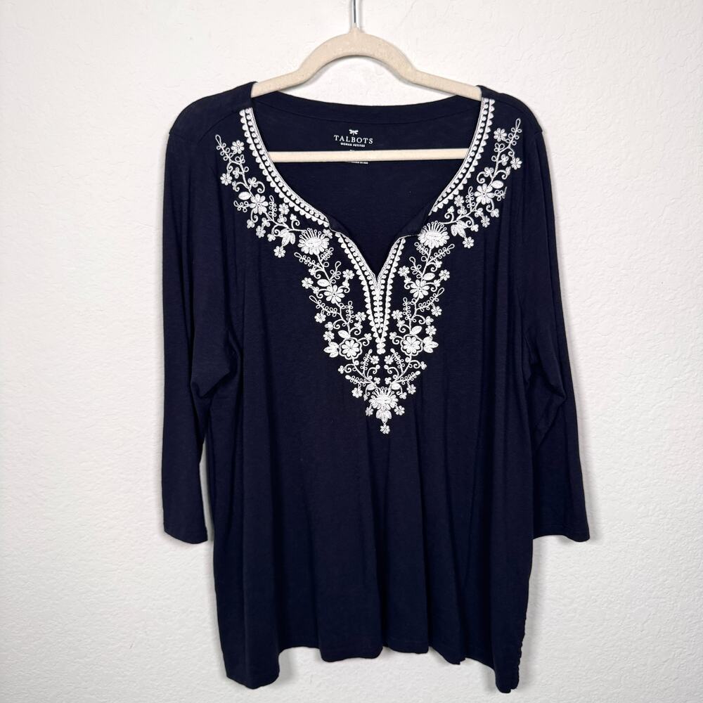 Talbots Womens Embroidered T Shirt Shirt Size 2X Petite Floral Cotton Modal Blue